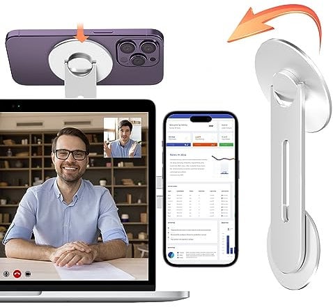 imluckies Magnetische Laptop Handyhalterung, 180° Verstellbare Handy Ständer Kompatibel mit Magsafe iPhone 16 15 14 13 12 Serie & mit Apple TV für MacBook iOS 16 macOS 13 Ventura & iOS 17, Silber
