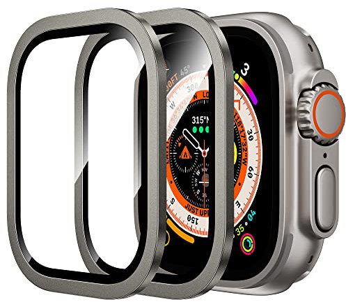 WSKEN [Paquete de 2 protectores de pantalla para Apple Watch Ultra de 49 mm, vidrio templado 9H + marco de aleación de titanio, [mantiene el original] película protectora ligera para iWatch Ultra