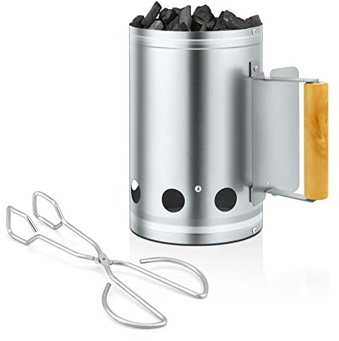 Joyfair Holzkohle-Kaminanzünder mit Klemmen-Set, tragbarer Grill-Feueranzünder für Outdoor-Camping/Grillen/Kochen, robustes und Lufteinlass-Design, Hitzeschild und Holzgriff, plus Schraubendreher
