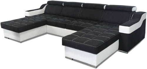 Ecksofa mit Schlaffunktion Geri U Wohnlandschaft Bettkasten Schlafsofa Verstellbare Kopfstützen Groß Big Sofa XXL Schwarz Weiß Schnelle Lieferzeit Schlafcouch 19 (Stoff Sawana 14 + Kunstleder weiß)