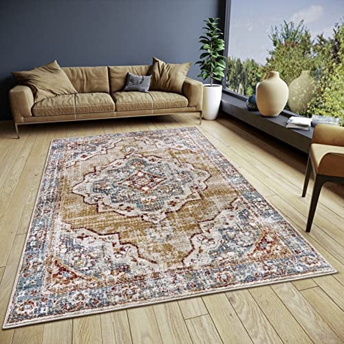 Hanse Home Strozzi Teppich Orientalisch– Orient Läufer klassisch dicht gewebt mit Ornamenten Vintage-Look Weicher Kurzflor für Schlafzimmer, Esszimmer, Wohnzimmer – Beige Blau, 120x170cm