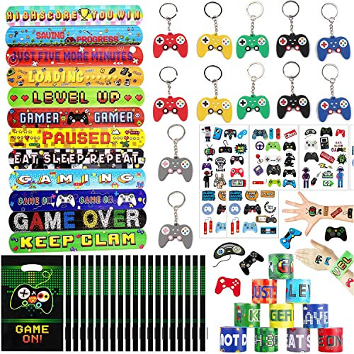 Videospiel-Partyzubehör-Set enthält Gaming-Partygeschenktüten, Slap-Armbänder, Schlüsselanhänger, Tattoos, Aufkleber für Level-Up-Partyspieler, Themen-Geburtstagsparty