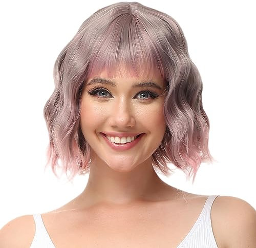 Luxiremi Perücken Rosa kurze Lockig Gewellt Perücke Bob mit Pony Kunsthaar Cosplay Perücke für Damen