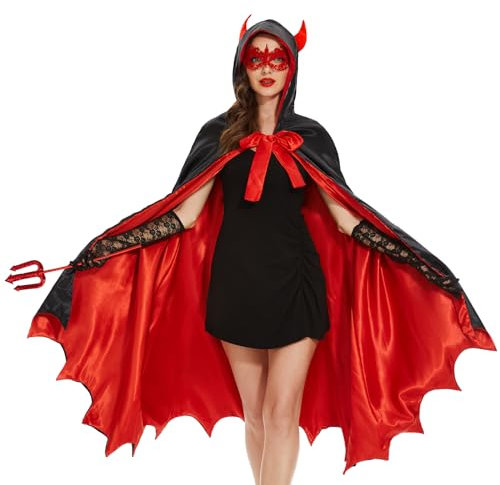 Ulikey Disfraz Diablo Mujer, Capa Vampiro para Halloween con Capucha Negro Rojo de Doble Cara con Tenedor del Diablo, Parche de Encaje en el Ojo, Guantes de Encaje