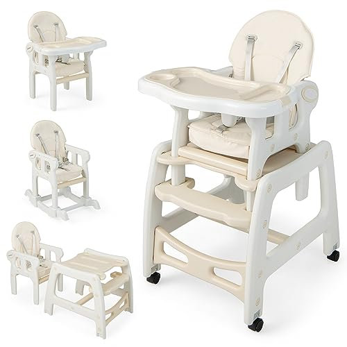 DREAMADE 3 in 1 Hochstuhl Baby, Wandelbarer Fütterungsstuhl mit Verstellbarem Rückenlehne & Abnehmbarem Tablett,Kinderessstuhl mit abschließbarer Räder, für Kleinkinder von 6 bis 36 Monate (Beige)