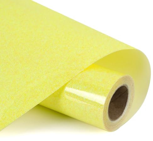 HTVVETUR Glitter Glow in The Drak Heat Transfer Vinyl - 12 x 9ft Glow in The Drak HTV Vinyl Glitter Iron on Vinyl for Cricut Easy to Cut & Weed for Vinyl Heat Transfer Design (Glitter Yellow)