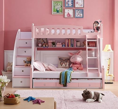JooTech Kinder Etagenbett | Hochbett | Kinderbett | Funktionsbett | Mit Treppe | Mit Regal | Mit Schubfächer | 3 Schlafplätze | Rosa/Weiß