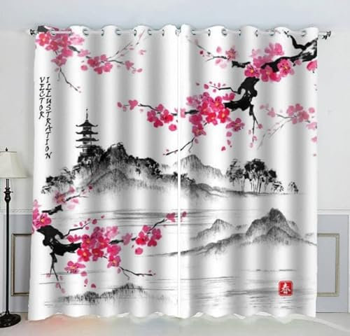 Sepustas Fleurs De Cerisier Japonais Rideau Occultant Lot de 2 Chambre Enfant Fille Garcon 3D Impression Style Japonais Motif Rideaux Acoustiques Opaque Petites Fenêtres Décoration （140x160 cm）