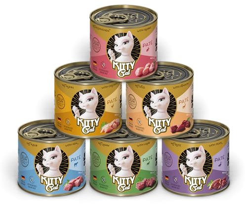 KITTY Cat Paté Mix 1, 6 x 200 g, Nassfutter für Katzen im Probierpaket, getreidefreies Katzenfutter mit Taurin, Lachsöl und Grünlippmuschel, Alleinfuttermittel mit hohem Fleischanteil, Made in Germany