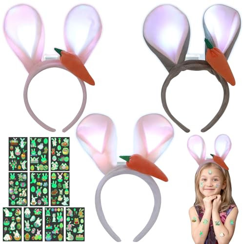 TOPJOWGA Plüsch Hase Ohren Haarbänder, 3 Stück Hasen Leuchtendes Stirnband, 10 Leuchtende Ostern Tattoos, Plüsch Osterhase Ohren, Hasenohren Haarreif Kinder Erwachsene, Leuchtende Kopfbedeckung