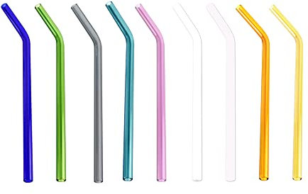 Bullpiano Lot de 9 pailles en verre coudées colorées de 20 cm x 8 mm, 6 pailles en verre transparent réutilisables (3 pailles droites et 3 pailles courbées), pailles en verre pour smoothie pour lait,