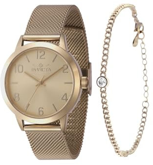 Invicta Wildflower 47275 Damen Uhr - Wasserdicht - Analog - Quarzuhrwerk - Edelstahl mit goldenen zifferblat - 34mm - mit passendem Armband