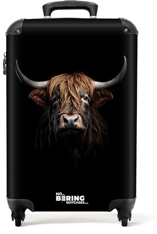 NoBoringSuitcases.com® Handgepäck Koffer 55x35x20 cm Trolley Reisekoffer Handgepäck-Koffer 4 Rollen Leicht Cabin Trolley Hartschalenkoffer Schottischer Highlander - Schwarz - Orange