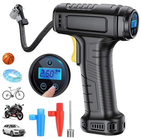 Cordless Electric Air Compressor with LCD Light & 3 Nozzle Adaptors, Digital Car Air Pump, Rechargeable Battery Portable Handheld Tyre Inflator for Car, Motorcycle, Bicycle