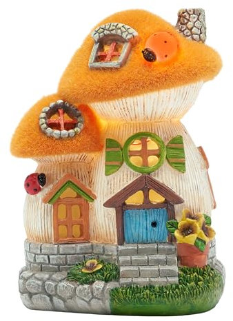 TERESA'S COLLECTIONS Gartendeko für Draußen,Gartendekoration, Feenhaus Gartendeko,feengarten,Pilz, aus Kunstharz, mit Solarlampe, Gelb, Balkon, Herbst deko, Herbst Dekoration,16cm