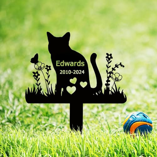 BeNsil Grabstein Katze für Draußen,Tier Grabstein Katze,Design Gedenkstandbild Gedenktafel mit Gravur Fotogravur, Design Edelstahl Grabstecker Katzenfigur