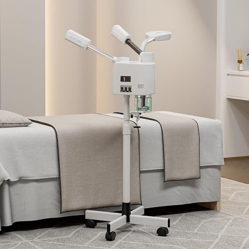 Professionale Vapore Facciale Su Ruote, Vaporizzatore Per Estetista Con Lampada D'Ingrandimento A Led 5x, Nebbia Calda E Fredda, Per Estetista Pelle Idratata Pulisce I Pori,Bianca