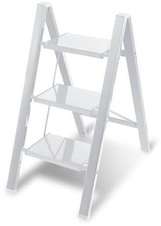 Joparri Escalera plegable de aluminio de 3 peldaños, escalera antideslizante, escalera portátil para el hogar, cocina, hogar, oficina, soporta hasta 150 kg, color blanco