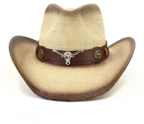 Fedora Trilby Filzhut Hut Western Stroh Cowboy Hut Kuh Kopf Gürtel Unisex Spray Cowgirl Hut Breite Krempe Sonnenhut Panama Kappe 56-58Cm Beige
