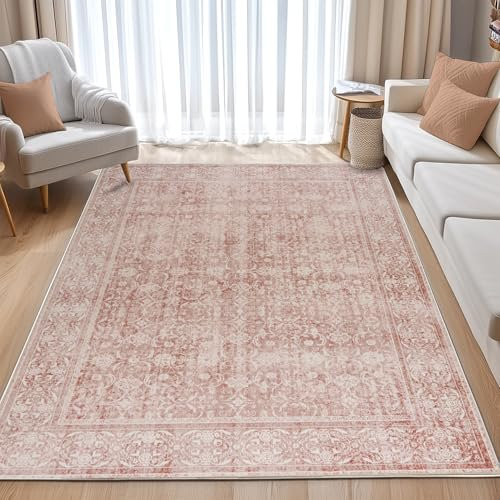 BSGIFT Tapis Chambre Salon Lavable en Machine, Pile Courte Doux Tapis Vintage Rectangulaire Tapis Grand Antidérapants Intérieurs et Extérieurs, Rug Rose Clair Moderne 120x160 cm