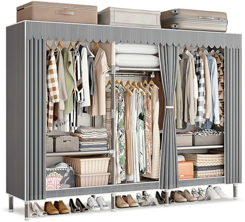 Kleiderschrank Stoffschrank Stabil Mit Kleiderstange & Ablagen, Kleideraufbewahrung, Stoff Faltschrank Für Schlafzimmer, Gelenke Aus Legiertem Stahl, Kleiderständer Mit Schiebetüren(graue)