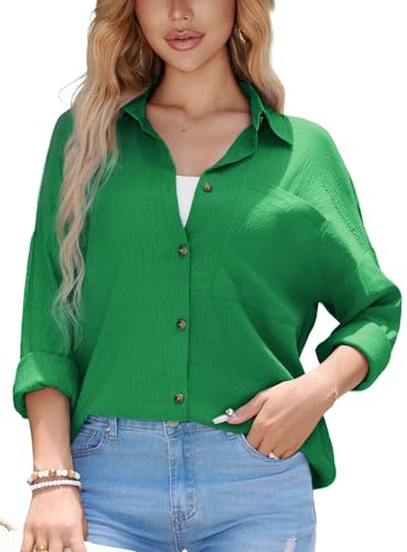 Stamain Womens Blouses Casual Long Sleeve Shirts for Women UK Button Down Shirt Ladies V-Neck Loose Tops for Office Work S-2XL