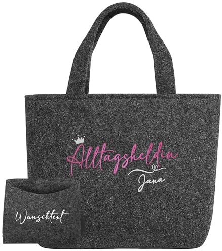 AMBERGER DESIGN by A&M Osterhage amd Filztasche-Damen Grau bestickt Alltagsheldin Lieblingsmensch | Herzmensch oder Wunschwort Handtasche Einkaufstasche Geschenk-idee