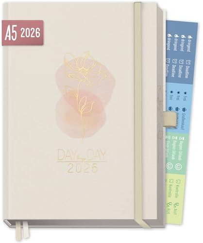 Häfft® Organizer Day by Day Deluxe 2026 A5 Tagesplaner Kalender mit 1 Tag pro Seite Soft Flower Buchkalender 2026, Terminplaner - nachhaltig & klimafreundlich