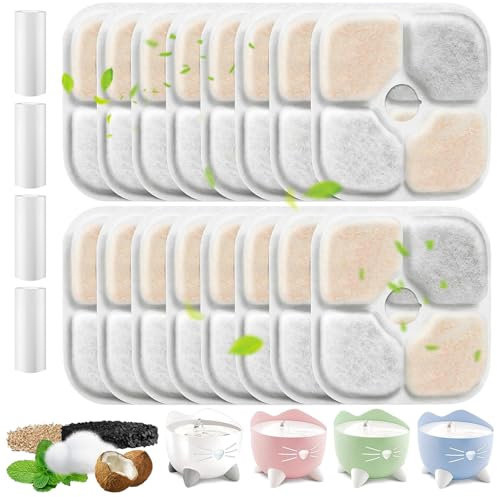 Puasok 16 Pièces Filtres Fontaine à Eau pour Chat Compatibles avec Catit Pixi, Filtration Quadruple avec Charbon Actif, Résine et Tissu Non Tissé, 4 Tuyaux Inclus
