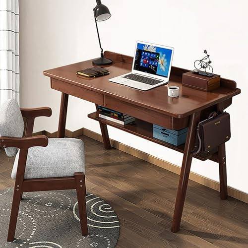 ZDFTGKM Bureau en Bois Massif, Style Milieu de siècle, Bureau d'ordinateur avec 2 tiroirs et étagère de Rangement, Table d'étude, Meuble scandinave (100 cm, Noyer)