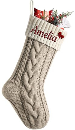 Weihnachtsstrumpf Personalisiert Name 46cm große gestrickte Christmas Stockings Nikolausstrumpf hängende Familie Weihnachtsstrümpfe für Party Weihnachten Deko (Leinen(Körper) / Elfenbein (Mund))