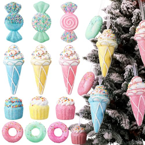 Fiwochic 12 Pack Christmas Tree Candy-Land Ornament Decoration Colorful Hanging Christmas Tree Ornament Decor for Indoor Home Birthday Party Supplies(Ice Cream Donut Candy Cake)