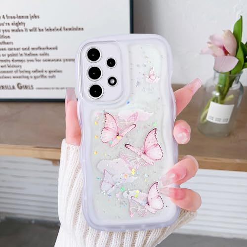 YANJIEER Glitzer Hülle für Samsung Galaxy A53 5G transparente mit Niedliche Schmetterling, Sternen, Lockige Wellen Rahmenform, Stoßfest Schutzhülle für Damen/Mädchen Weiß