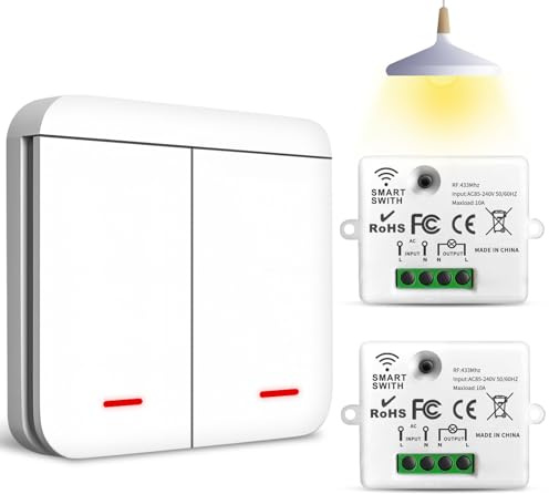 Ghekkli 433Mhz Funk Lichtschalter, Interruttore senza fili (Kit 1 pezzo 2 in 1 interruttori + 2 ricevitori)- Sicherheitsschalter und Empfänger-Controller 10A für Lampen bis 2200W