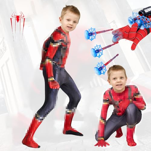 Kitimi Costume Kids Spider with Web Shooter for Kids- Hero Costume Spider Launcher Gloves Wrist Toys for Boys Outfit Fancy Dress Up Jumpsuit for Halloween Carnival Cosplay World Book Day Costume