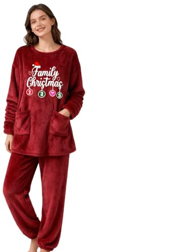 Celanisai Pigiama natalizio da donna, lungo, morbido, in pile, per albero di Natale, biancheria da notte, 2 pezzi, invernale, caldo, in flanella, per lounge