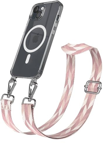 EAZY CASE Handykette - Verstellbares Taschenband kompatibel mit iPhone 15, Schulterriemen, Handykordel mit Silikon Hülle, Qi Charging kompatibel, Umhängetasche, Rosa Mix Silber