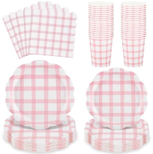 Natnarr Set Stoviglie Per Feste Rosa A Quadretti, 96 Pezzi Per 24 Ospiti