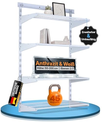 BOOMET Wandregal Metall Weiß mit Drahtboden · 28 Varianten · 100x60x30cm (HxBxT) 3 Böden · Flexibles Wandschienen Regalsystem für Ankleide, Vorratsraum, Büro, Garage, Keller & Werkstatt