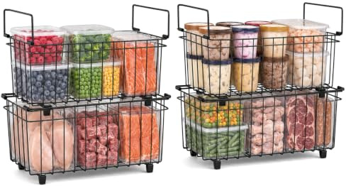 Fushabana 4 Pack Chest Freezer Baskets Organiser Storage Boxes - Stackable Kitchen Wire Rack for 142L Deep, Pantry Metal Shelf with Fold down Handle