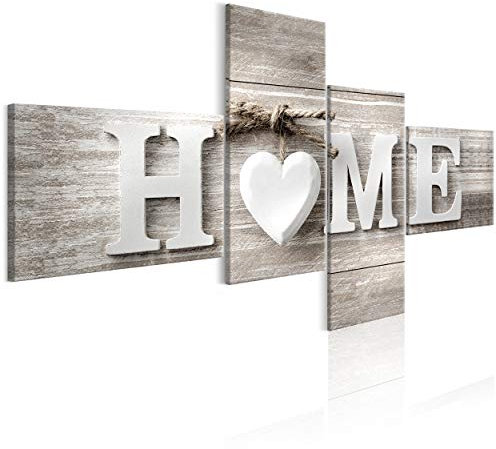 decomonkey Bilder Home 100x50 cm 4 Teilig Leinwandbilder Bild auf Leinwand Vlies Wandbild Kunstdruck Wanddeko Wand Wohnzimmer Wanddekoration Deko Haus Holz Herzen Liebe Vintage Retro
