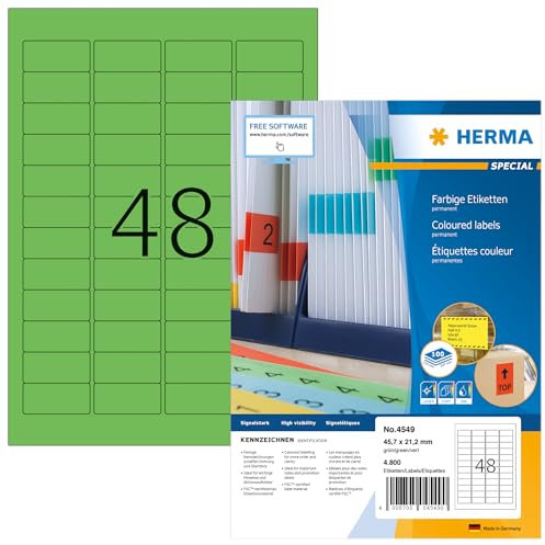 HERMA 4549 Farbige Etiketten grün, 100 Blatt, 45,7 x 21,2 mm, 48 pro A4 Bogen, 4800 Stück, selbstklebend, bedruckbar, matt, blanko Papier Farbetiketten Aufkleber