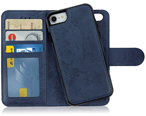 MyGadget Flip Case für iPhone SE 2022 | 2020 | 7 | 8 - [ abnehmbare Magnet Hülle ] - Handyhülle aus Kunstleder - [ Klapphülle mit Kartenfach ] Schutzhülle in Blau