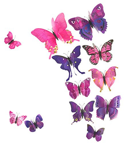 AKOAK 24 calcomanías de pared de mariposa 3D, calcomanías de doble capa con imán y adhesivo de doble cara para decoración de habitación, hogar, guardería, rosa/morado