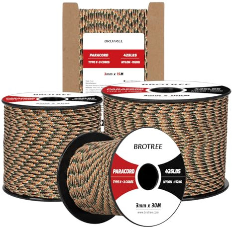 Brotree 3mm Paracord 425 100% Nylon 30M Rope 3 Strands Type II Parachute Cord for Outdoor, Craft, DIY - 192kg Breaking Load (Hidden Camo)