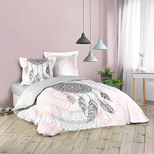 Dynamic24 3tlg. Bettwäsche 240x220cm 100% Baumwolle Übergröße Bettgarnitur Traumfänger Teenager Weiss rosè grau King Queen Size mit 2 Kissenbezügen und 1 Bettdeckenbezug