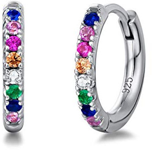 Damen Creolen Ohrringe Klein Runde Knorpel aus 925 Sterling Silber mit Weiß Gold Plattiert mit Funkelnde Mehrfache Farben Zirkonia Basic Minimalist Schmuck für Damen Mädchen - Durchmesser: 12.5 mm