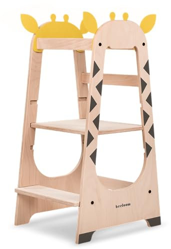 Beeloom - Torre di Apprendimento Montessori GIRAFFE TOWER in Legno per Bambini, Sgabello Attività Bambini, Giallo, 3 Livelli, Gradini Regolabili, Altezza Adattabile