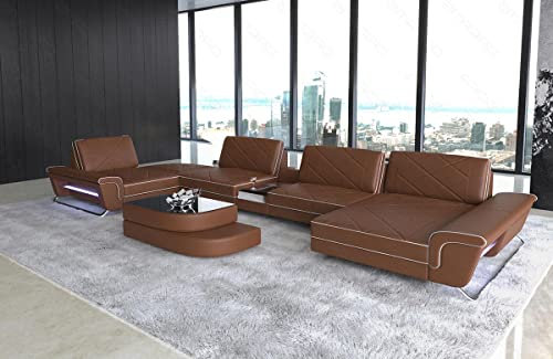 Wohnlandschaft Bari in Leder mit USB-Anschluss Steckdosen Sofa mit Kopfstützen Ledersofa Designersofa U Form Couch (Ottomane rechts (auf Sofa blickend), Hellbraun-Weiss)