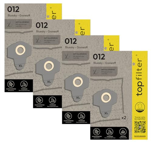 TopFilter 9995350 Lot de 4 packs de 2 sacs aspirateur 64012 Bluesky et Gisowatt, 8 sac aspirateur, accessoire aspirateur, poche aspirateur, Non tissé polypropylène, Caoutchouc, Carton, 58 x 30 cm